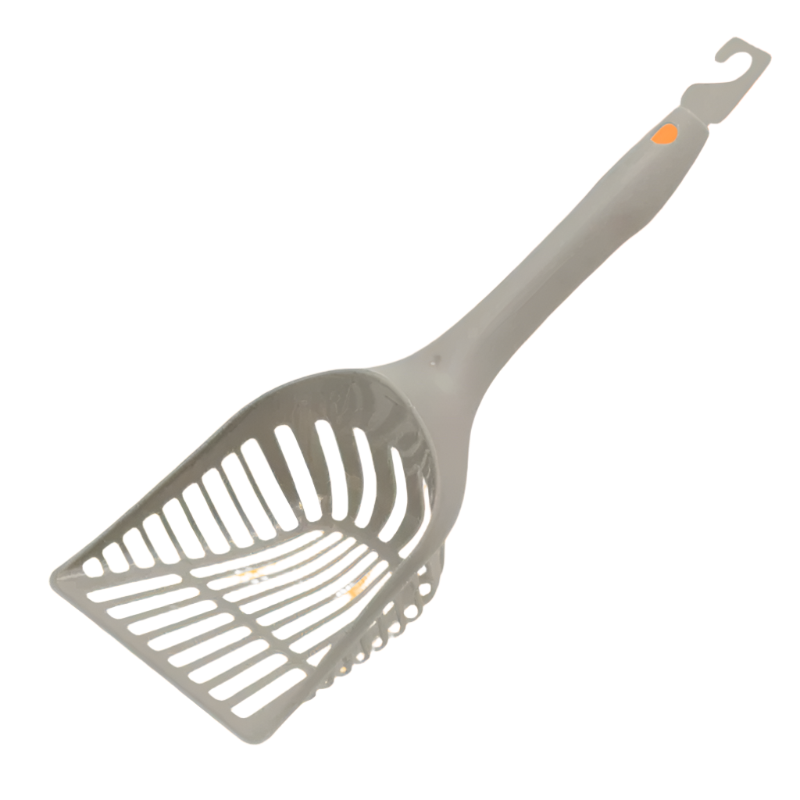 A gray cat litter lifter with an ergonomic handle designed for comfortable use.