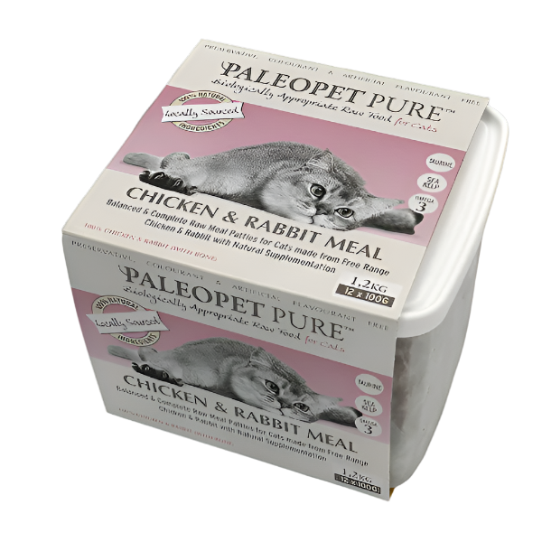 Box of Paleopet Pure chicken and rabbit meal cat food on a white background
