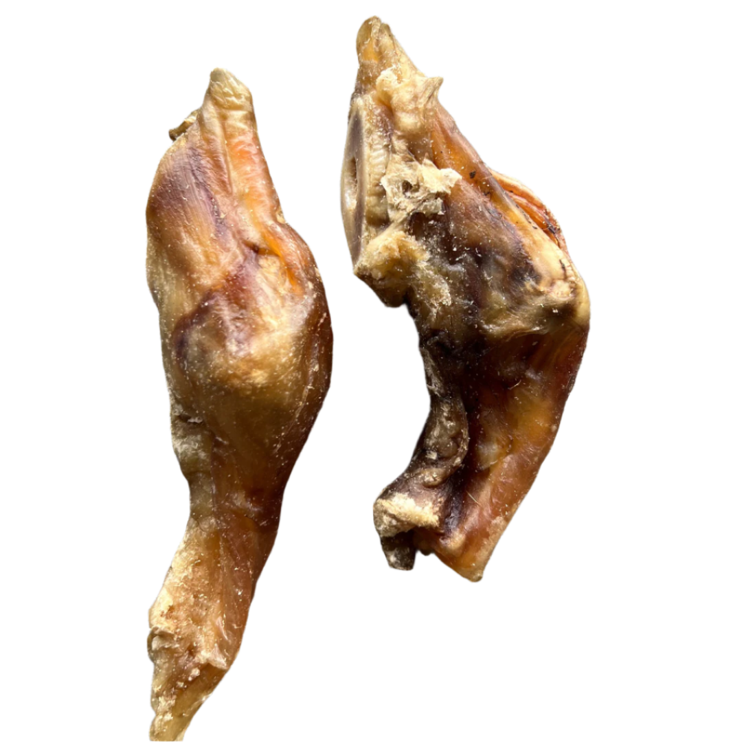 Two beef achilles dog treats on a grey background.