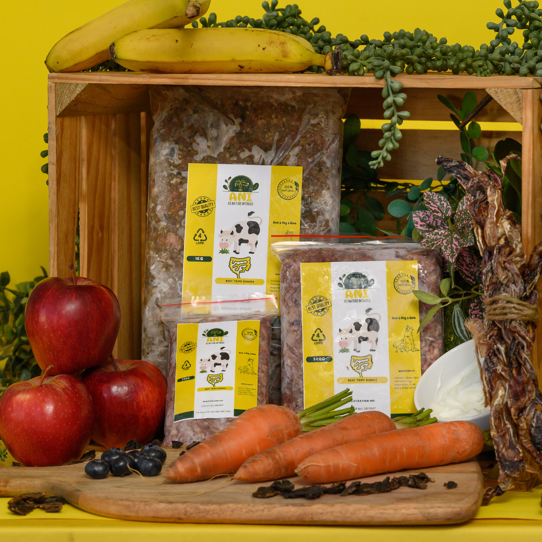 Packaged dog food with visible ingredients such as chicken, beef tripe, vegetables, and fruit like apples and carrots, displayed on a wooden surface.