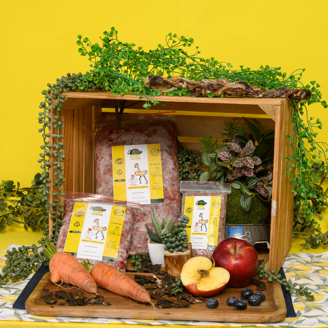 Packaged dog food products with visible ingredients like chicken, ostrich, and vegetables displayed in front of a yellow background.