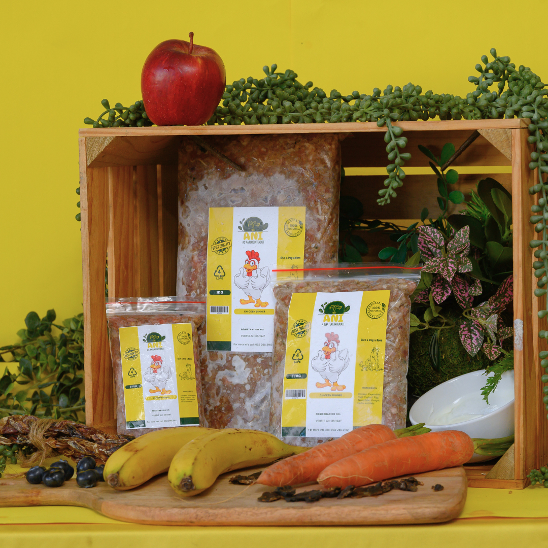 Packaged dog food with visible ingredients such as chicken, apples, and carrots displayed in front of the packages, set against a yellow background.