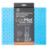 A LickiMat Buddy X Large in blue color, displayed next to its packaging that has an image of a dog and text describing the product&