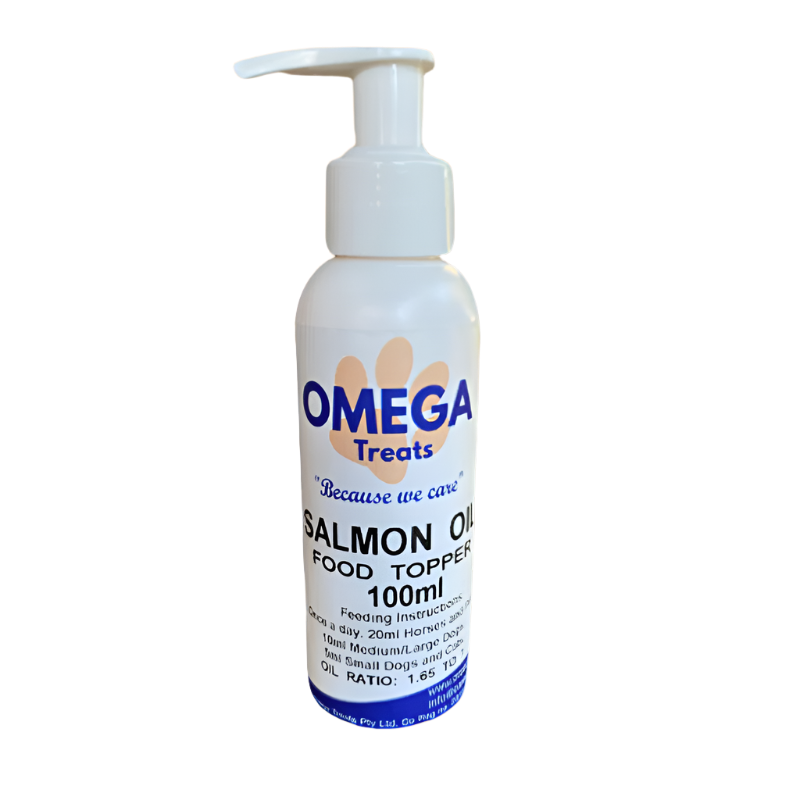 A bottle of Omega Treats Salmon Oil Food Topper for cats, with a white spray cap and a label that includes the brand name and product details.