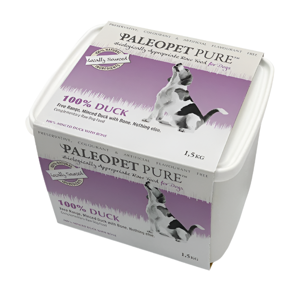 A packaged product of PaleoPet Pure Duck, a dog food product in a tub with branding and product information displayed on the label.