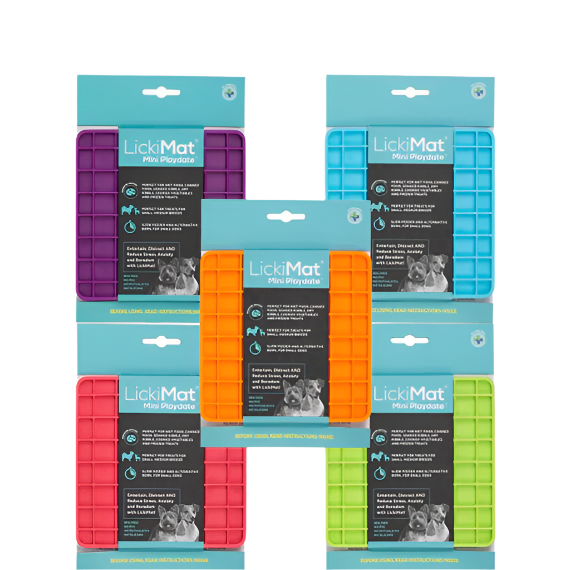 Packaging of LickiMat Mini Playdate in various colors with product information and branding visible.