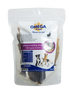 Packaging of Omega Salmon Crackling Skin for dogs and cats, showing the product through a transparent window, with the brand and product details listed on the front.