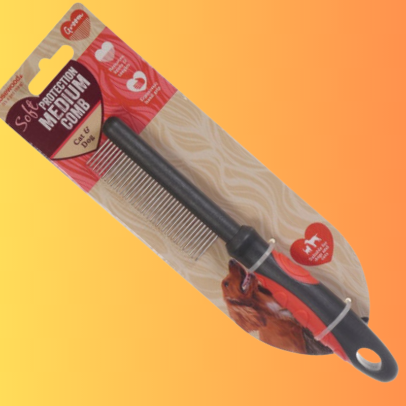 A medium-sized black pet grooming comb with an ergonomic handgrip, packaged on a card with a dog and a cat illustration.