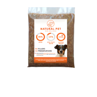 Bag of natural pet food with a label on a white background