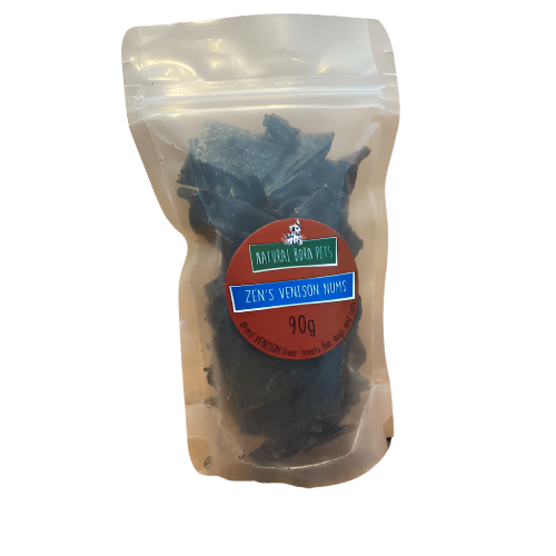 Packaging of Zen's Venison Nums, featuring the product visible through the clear front and a label with product details.