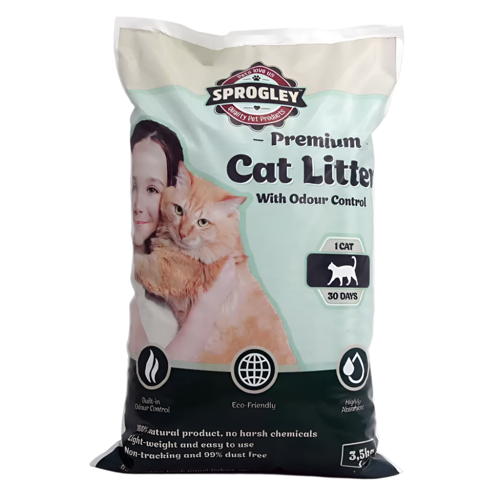 A bag of Sprogley Premium Cat Litter with Odour Control, featuring a picture of a cat and the product details.