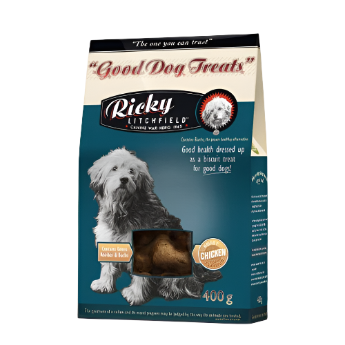 Package of Ricky Litchfield dog treats featuring an image of a dog and the product name Good Dog Treats with chicken as the main ingredient.