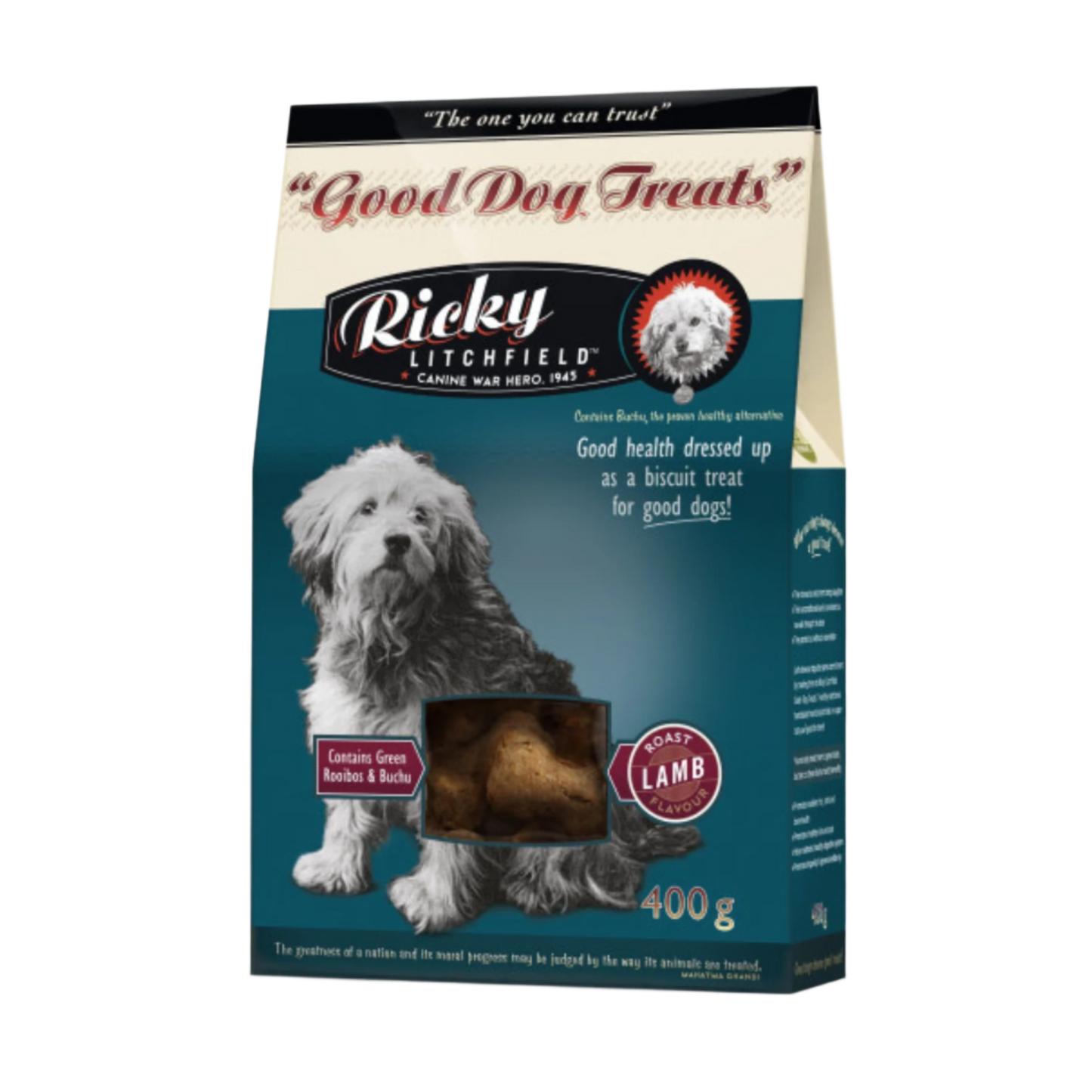 Package of Ricky Litchfield dog treats featuring an image of a dog and the product name Good Dog Treats with chicken as the main ingredient.
