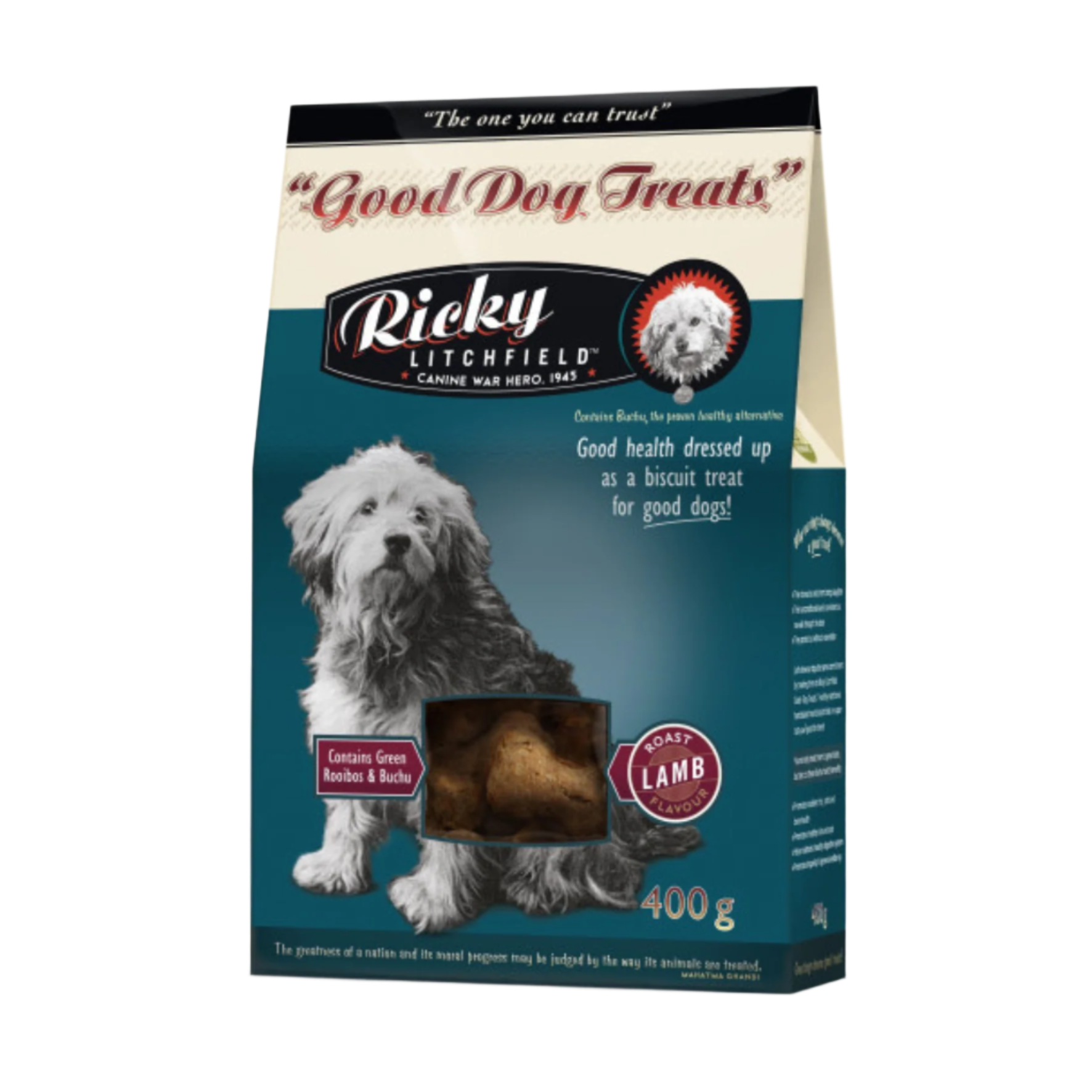 Package of Ricky Litchfield dog treats featuring an image of a dog and the product name Good Dog Treats with chicken as the main ingredient.