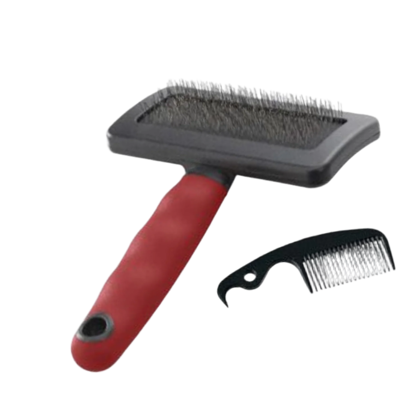 A slicker for dogs with a red handle and black bristles, accompanied by a black cleaning comb.