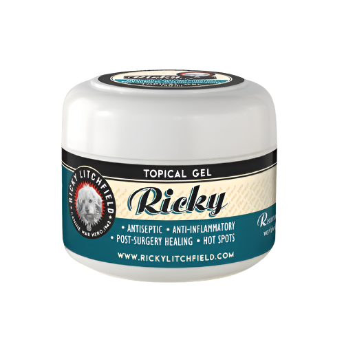 A white container of Ricky Litchfield Topical Gel with a label that includes the product name and a brief description.