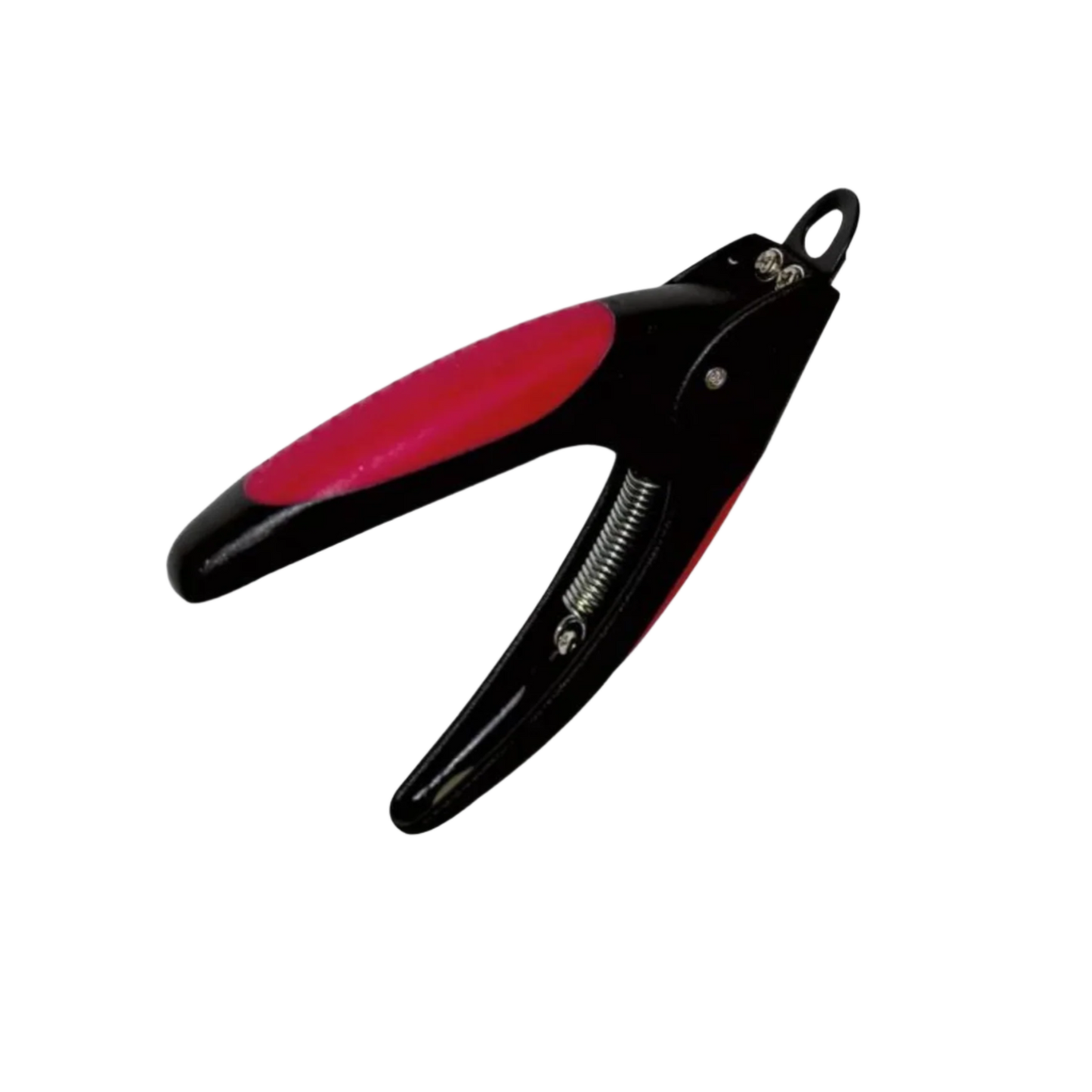 A pair of black and red pet nail clippers with a safety guard.