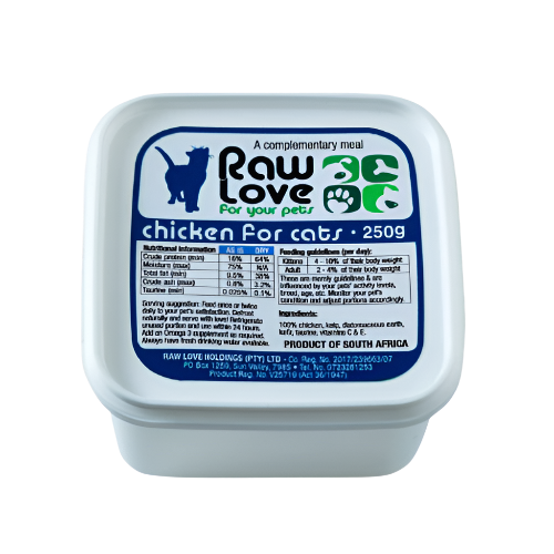 A white plastic container of Raw Love Chicken for Cats with a blue label, displaying product information and branding.