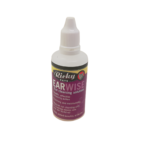 A bottle of Ear Wise ear cleaning solution for cats with a label featuring product information.