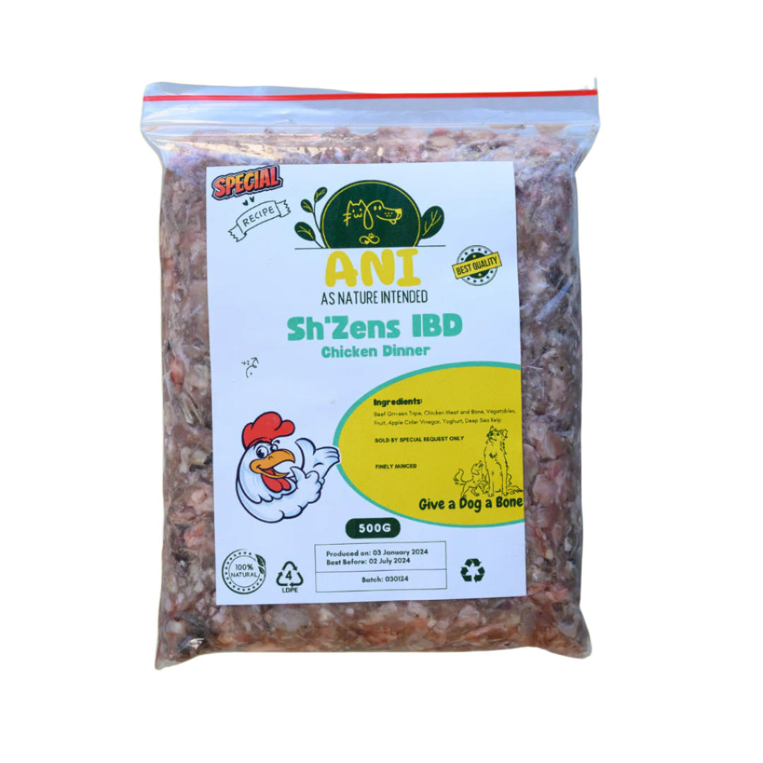 Dog food package with a label on a yellow background