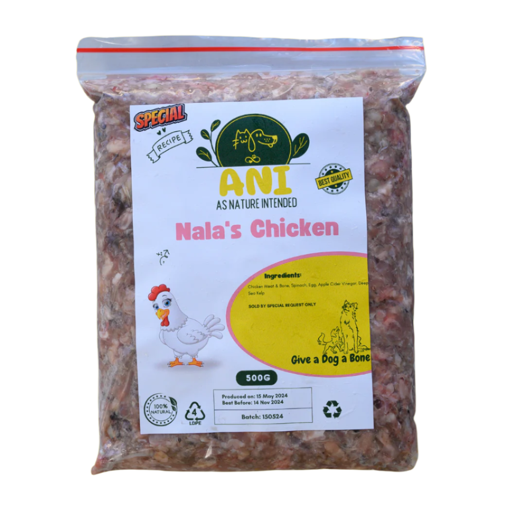 Package of ANI Nala's Chicken dog food on a yellow background