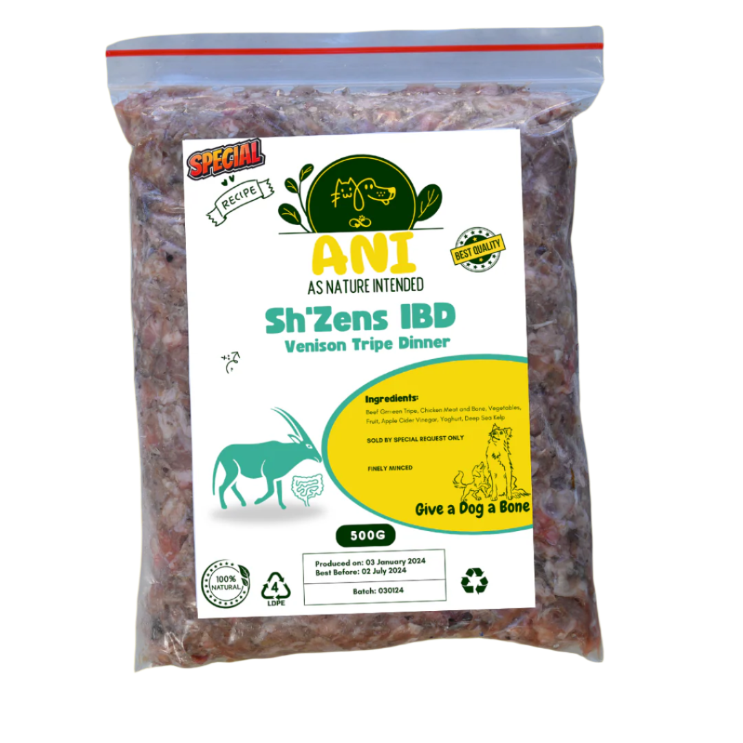 Package of ANI Sh'Zens IBD Venison Tripe Dinner with visible branding and product details.