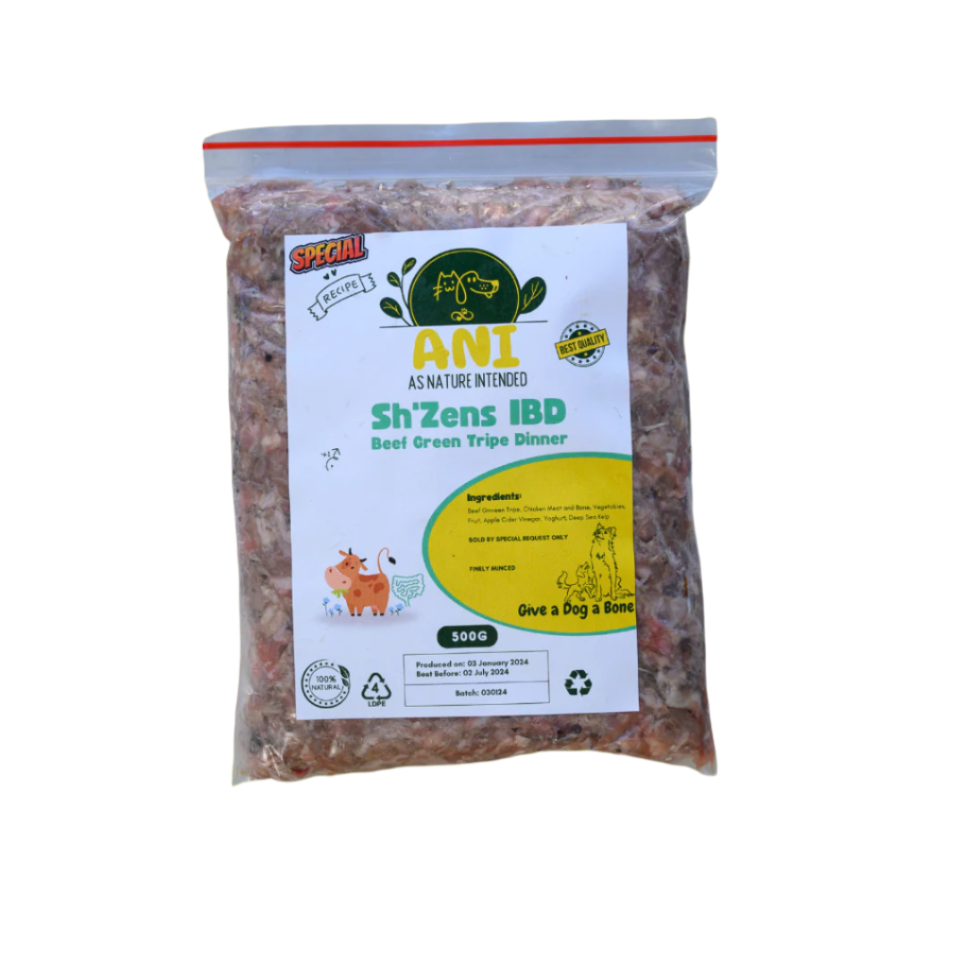 Dog food package with a visible label on a yellow background
