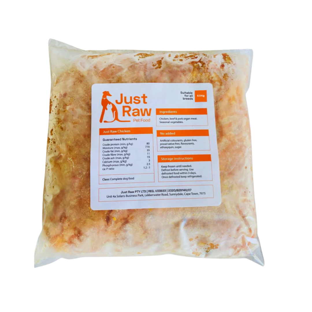 Package of Just Raw dog food with a label on a white background
