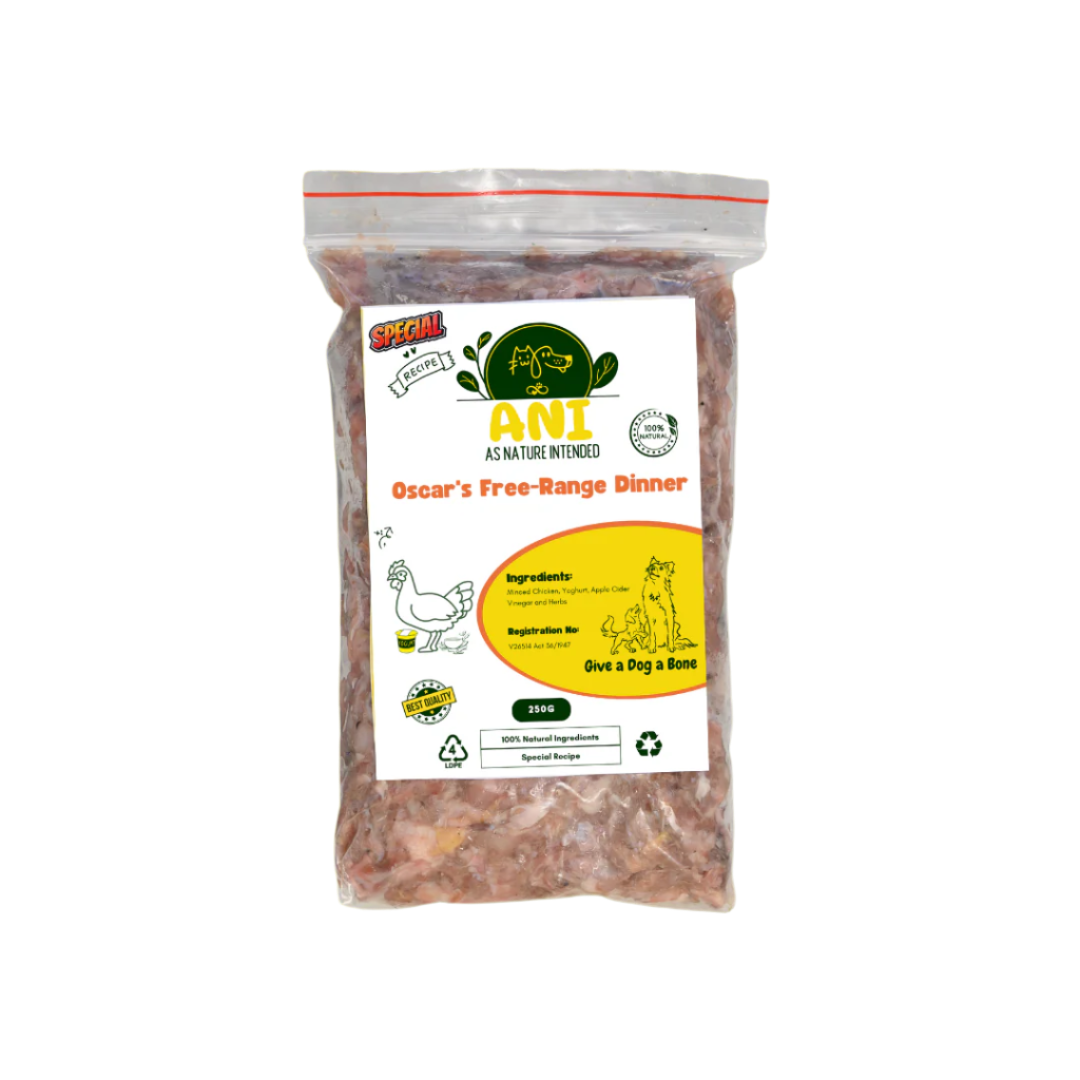 Packaging of Oscar's Pure Free Range Chicken Mince displayed with assorted fruits and vegetables in the background, suggesting natural ingredients.