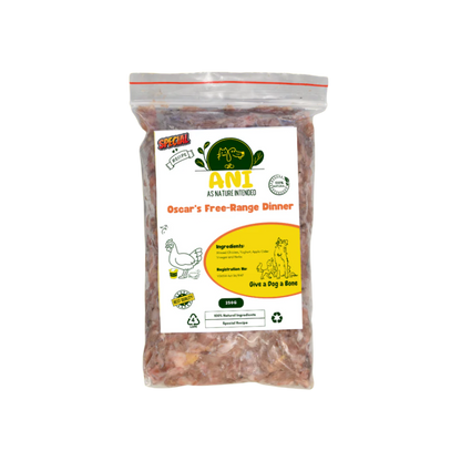 Packaging of Oscar's Pure Free Range Chicken Mince displayed with assorted fruits and vegetables in the background, suggesting natural ingredients.