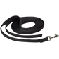 Black dog leash with a metal clip on a white background