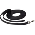 Black dog leash with a metal clip on a white background